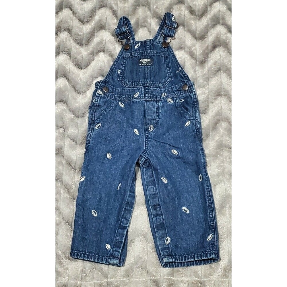 Oshkosh B Gosh Baby Toddler Boys 18 Months Football Denim Overalls Easy Change
